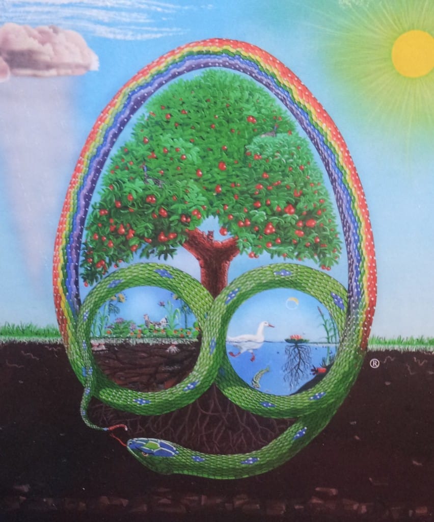 Rainbow serpent circling a tree, a hand-painted permaculture artwork at Daruma