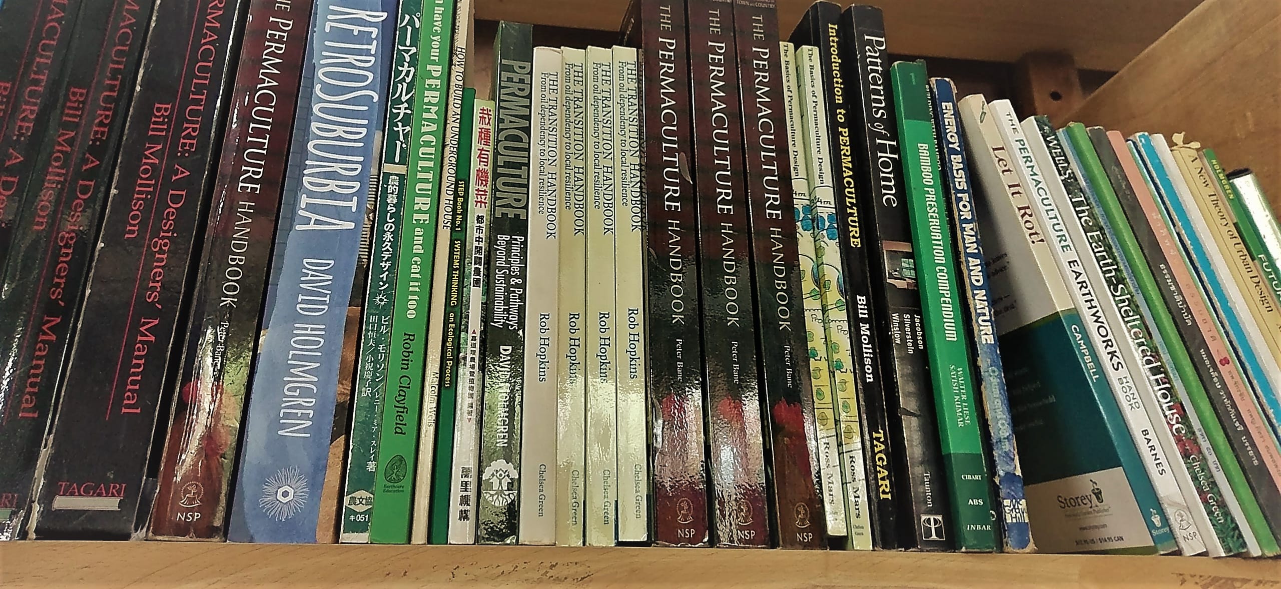 Colour photo of the same permaculture bookshelf, red and dark green book covers visible on a wooden shelf