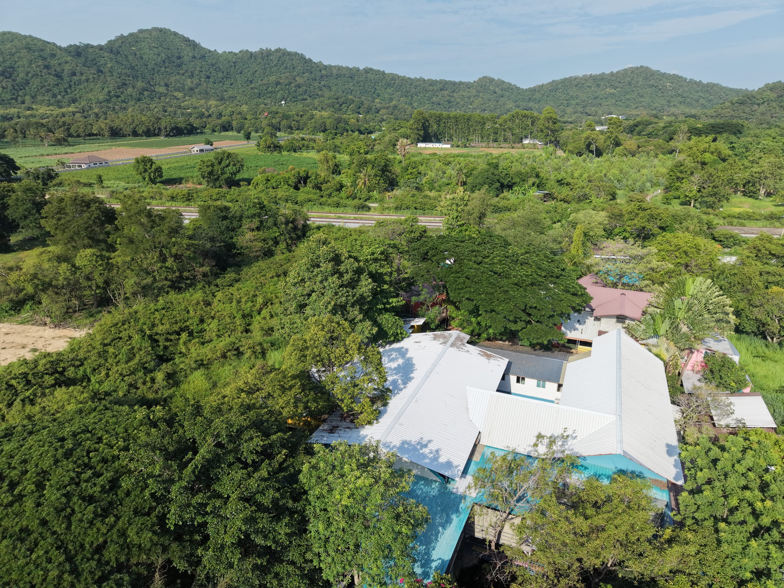 Drone view across the tree covered Daruma campus, its metal rooftops emerging from dense canopy with fields and forested hills beyond