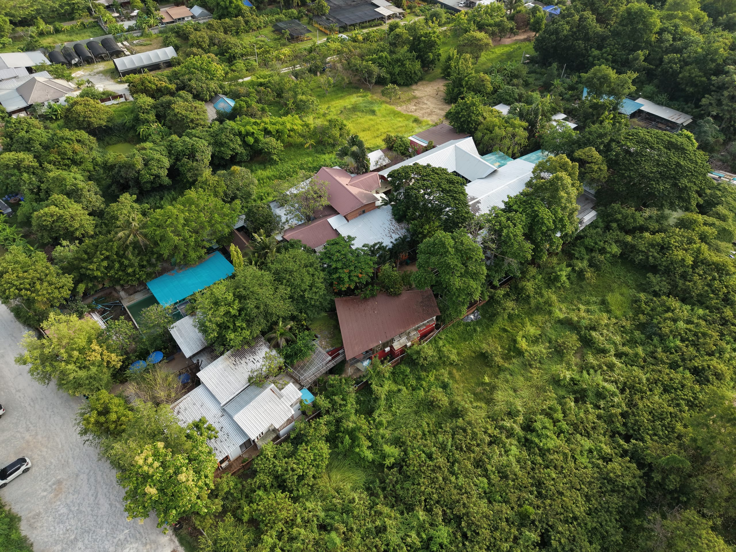 Aerial drone view over the rooftops and tree cover of Bang Phra around Daruma