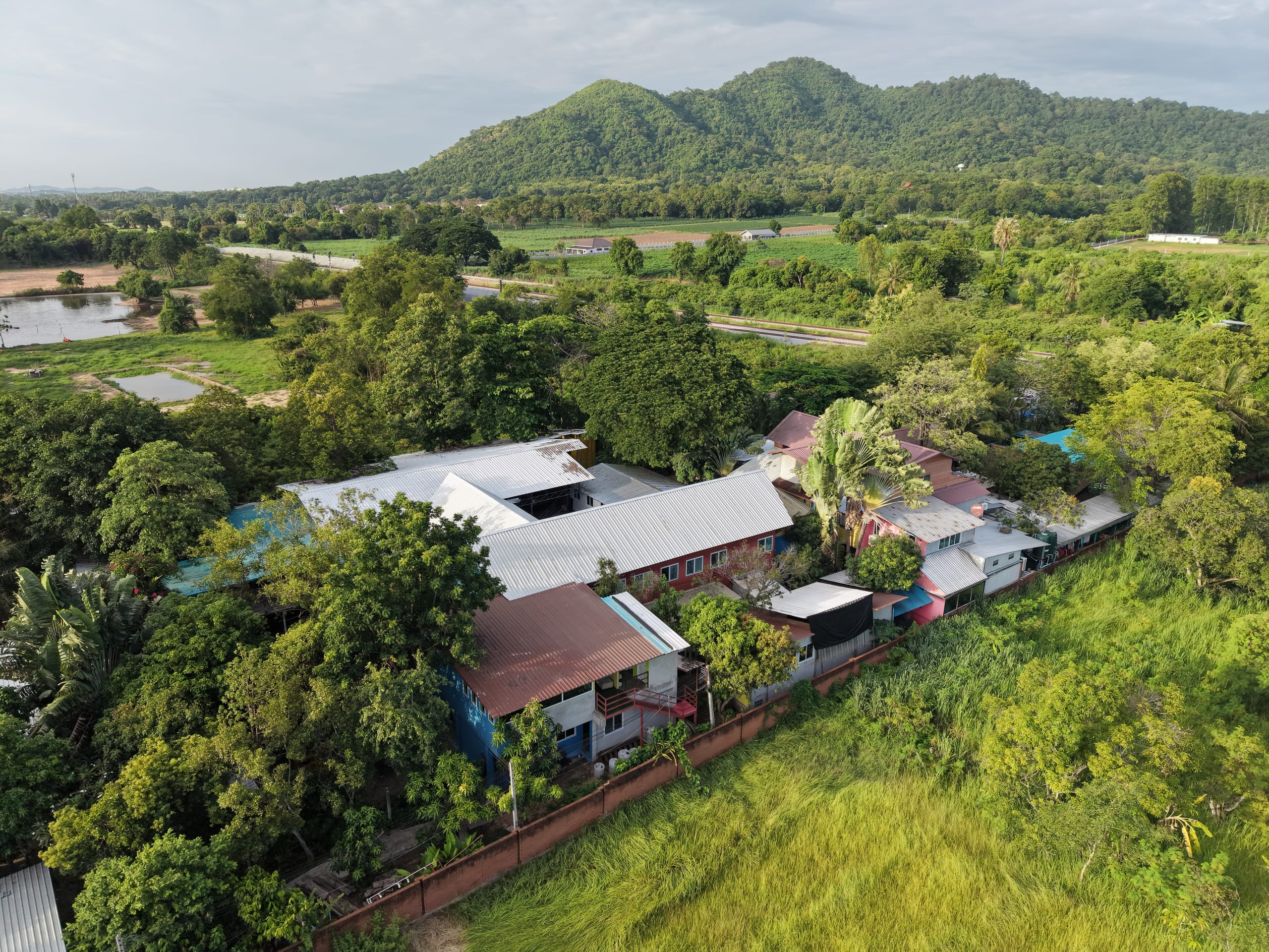 Aerial view of the Daruma campus, metal and tile roofed buildings set among trees below a mountain ridge near Bang Phra