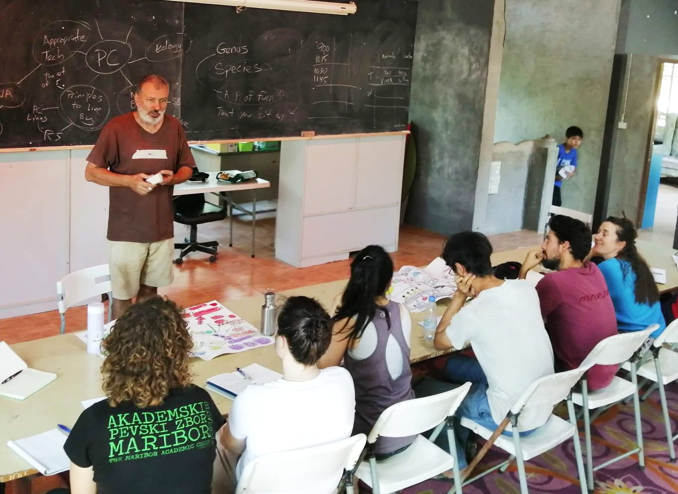 A teacher stands beside a chalkboard covered in a permaculture mind map, addressing seated students in a classroom