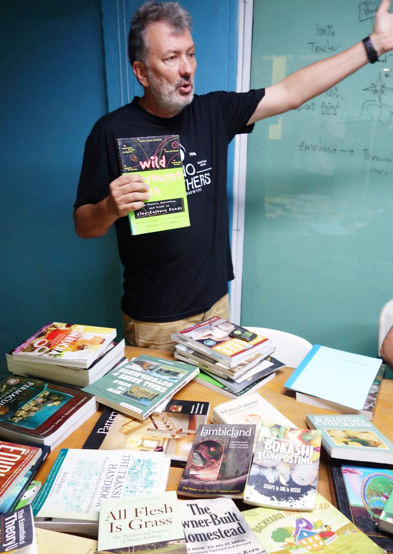Neil gesturing while holding a copy of Wild Fermentation during a course session