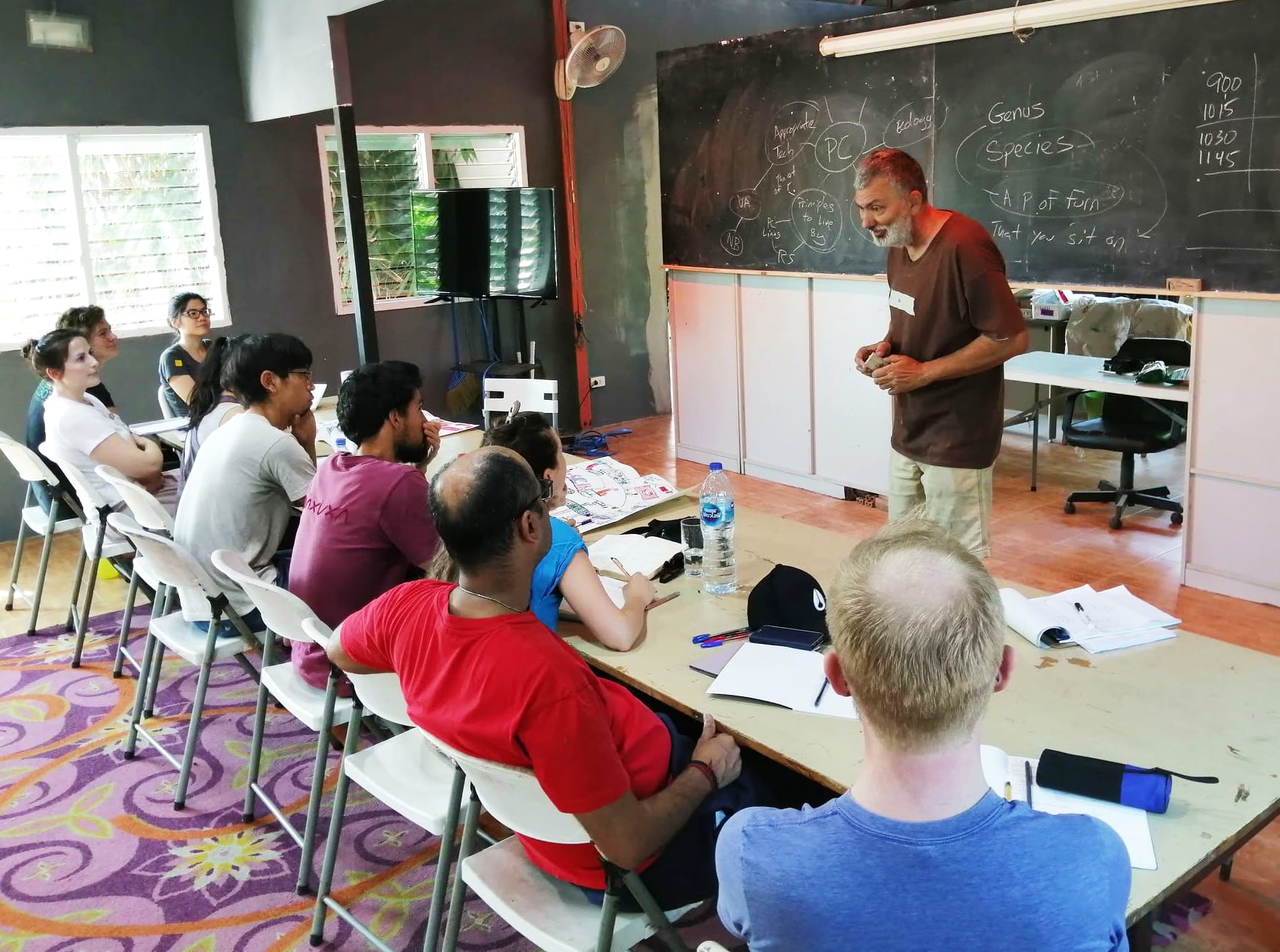 Neil teaching an international group of permaculture students around a classroom table