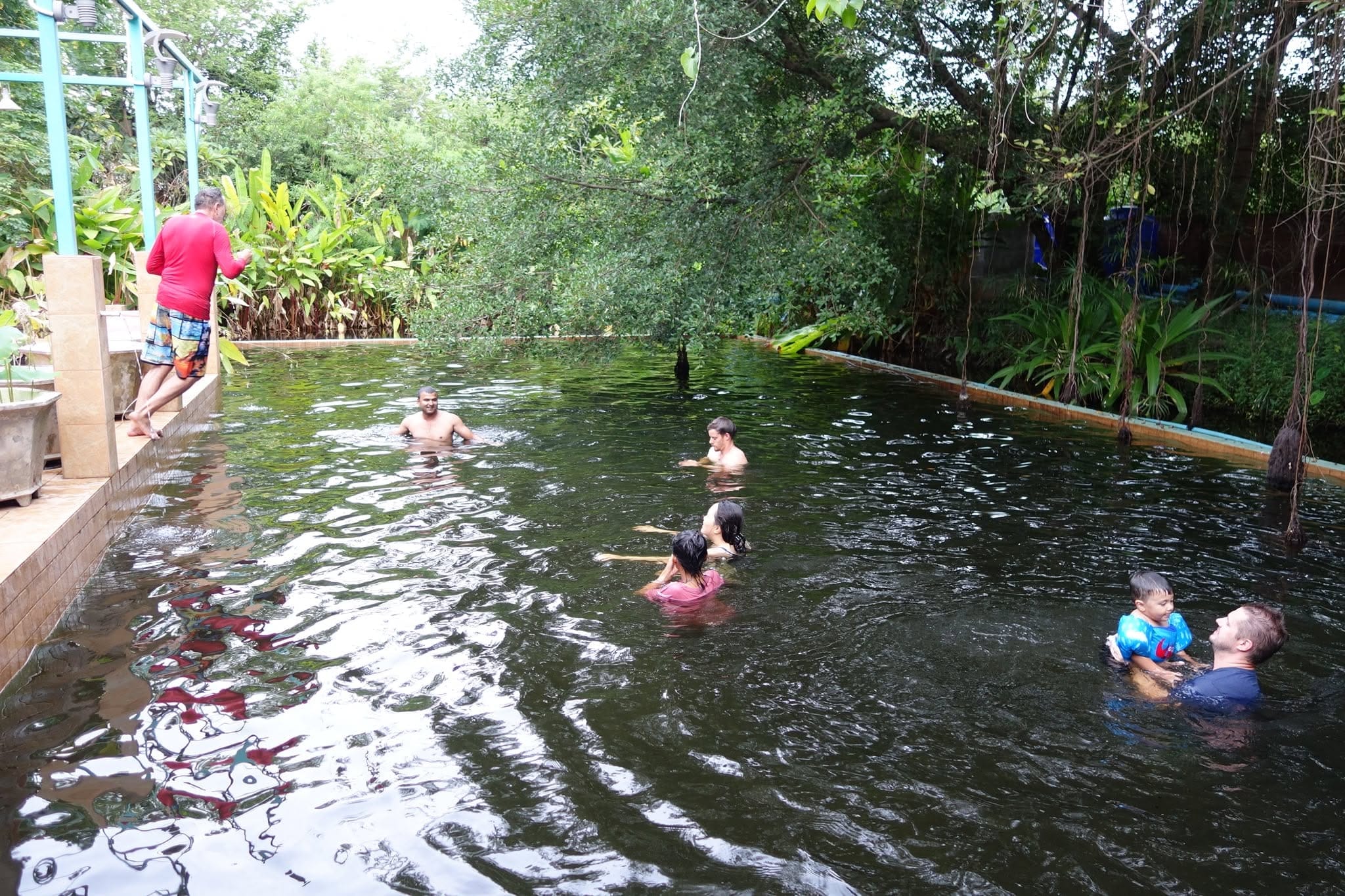 Students swimming in the natural pool under hanging banyan roots and dense foliage, with a man leaning on the tiled deck railing above