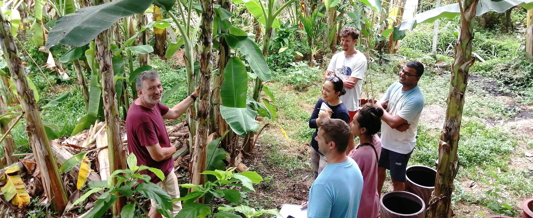 Neil teaching a smiling group of permaculture students among banana trees