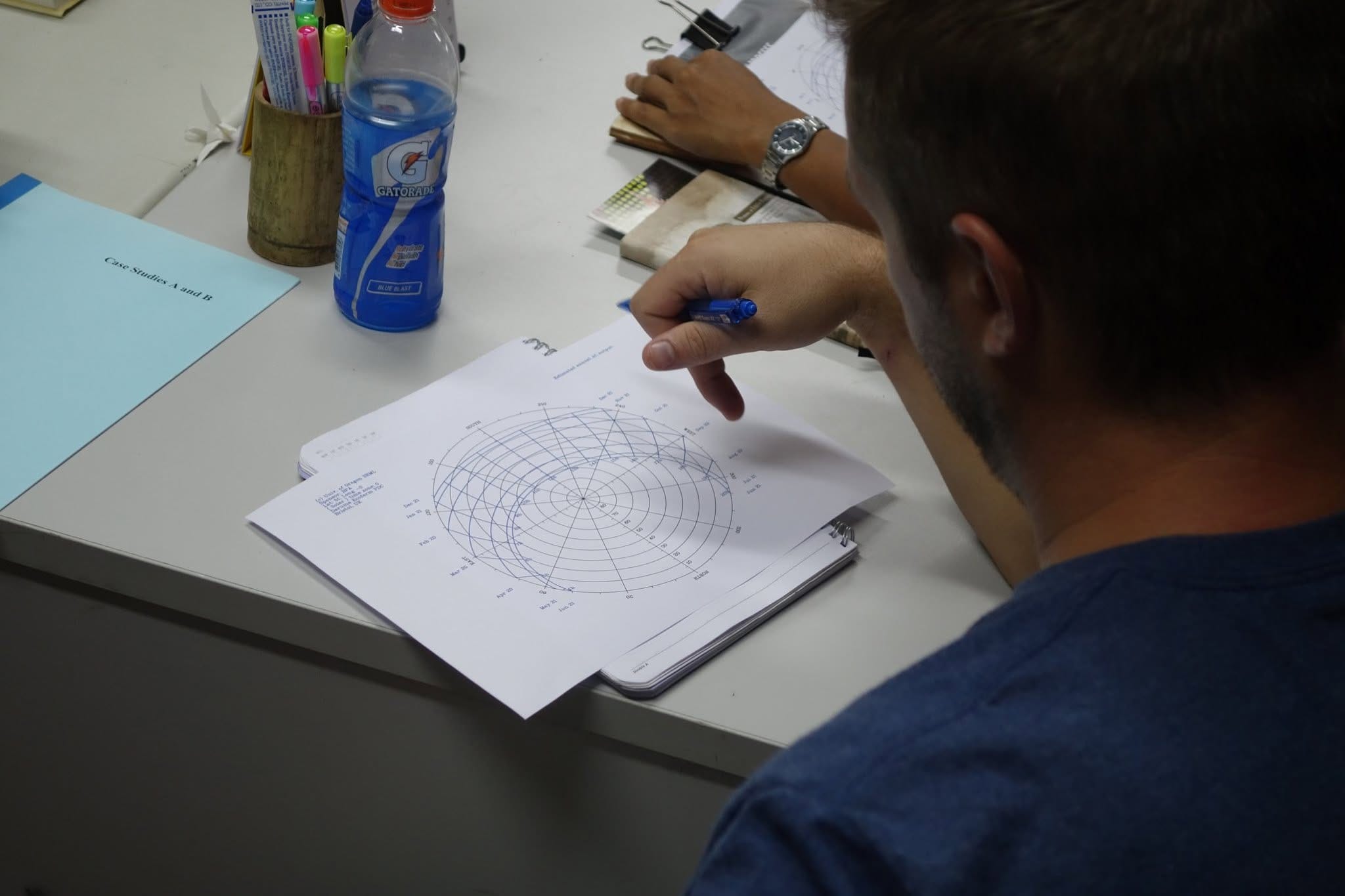 A student works over a printed sun-path chart during a permaculture design session