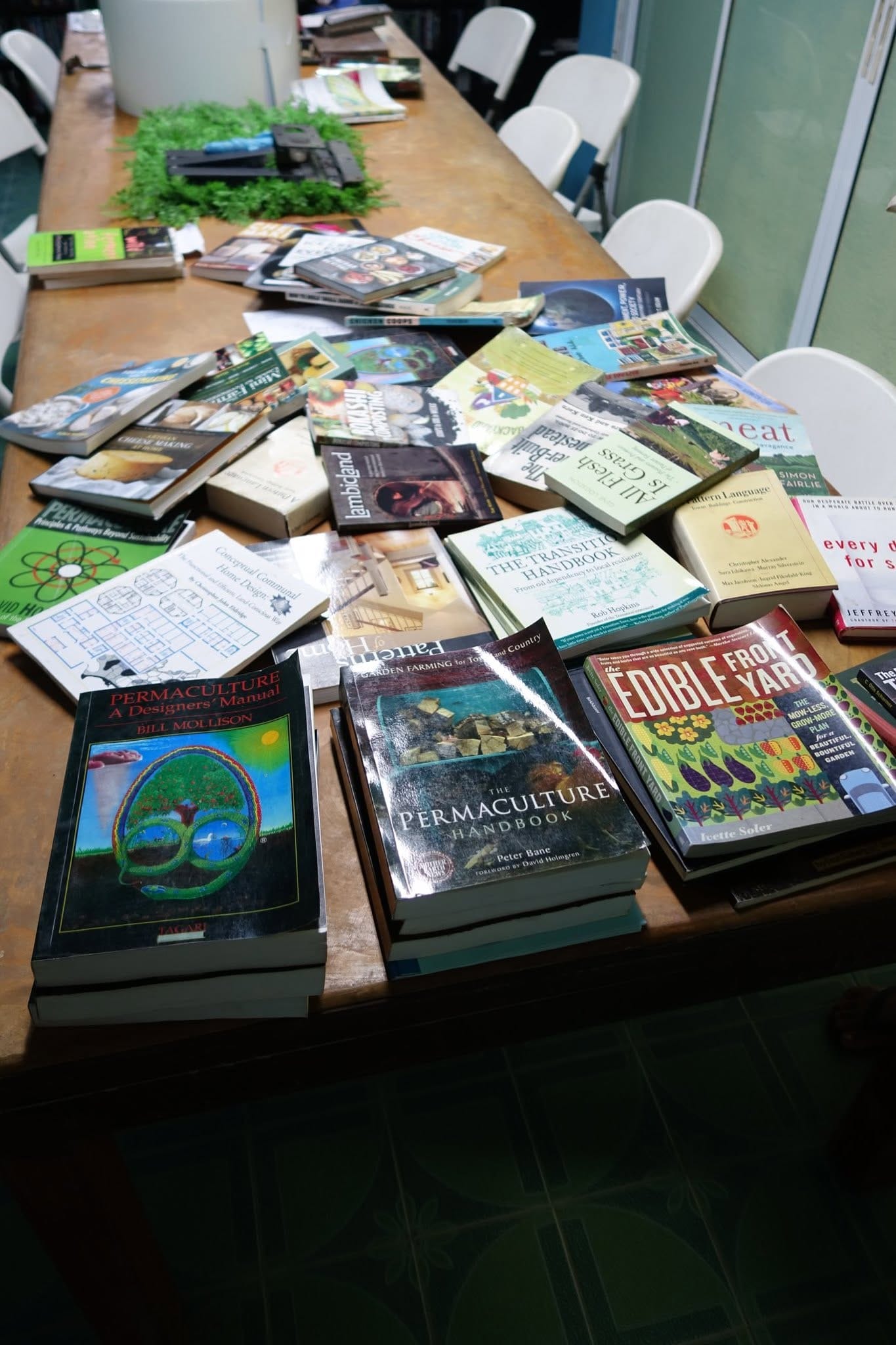 A wide spread of permaculture and homesteading books laid across a long wooden table, including Mollison's Designers' Manual and The Permaculture Handbook