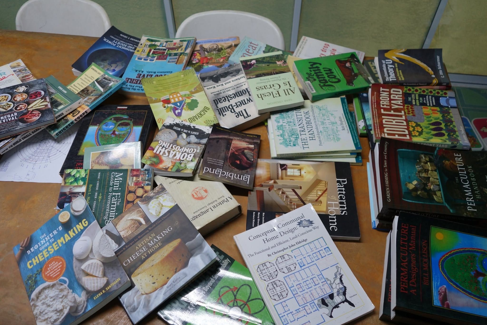 Overhead flat lay of permaculture, homesteading and fermentation books spread across a wooden table